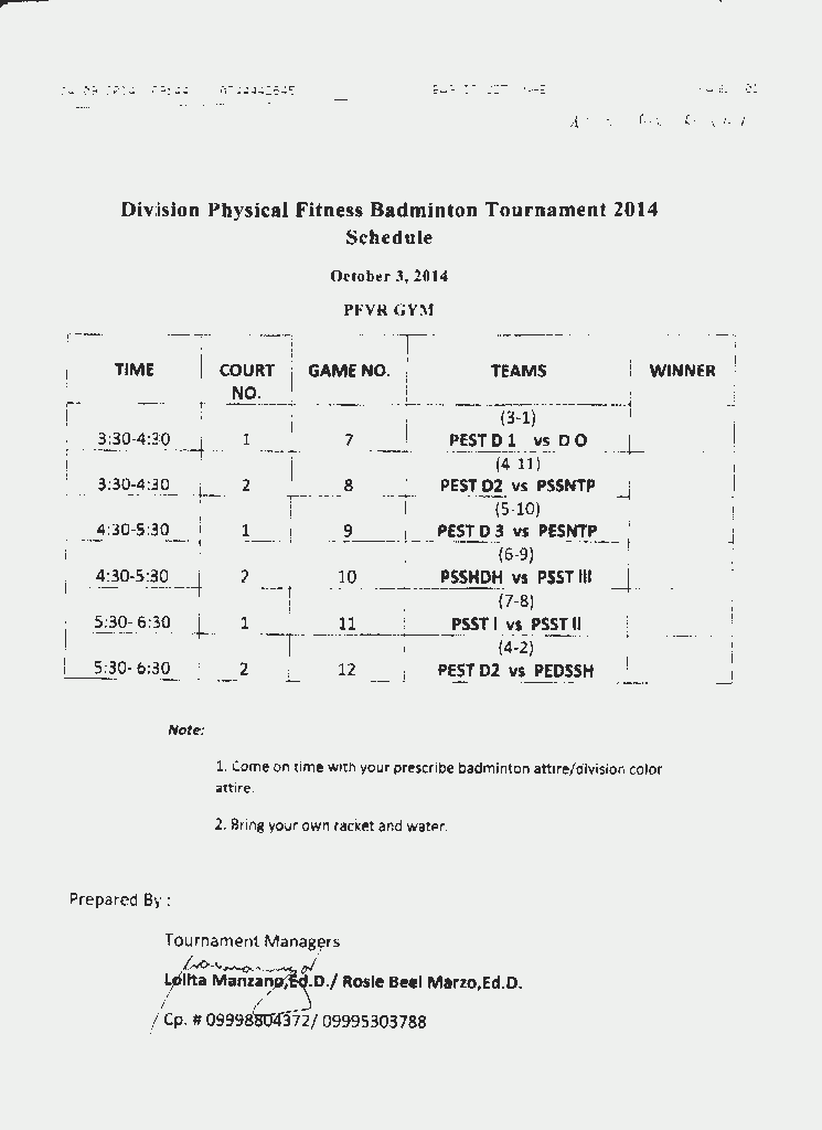 division physical fitness program badminton tournament schedule 2014