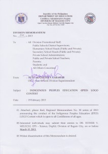 Division Memo No S INDIGENOUS PEOPLES EDUCATION IPED LOGO CONTEST DepEd Baguio City